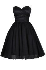  Sweetheart Sleeveless Prom Dresses Knee Length Ruching and Belt Black Tulle