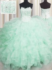  Visible Boning Apple Green Sweet 16 Quinceanera Dress Military Ball and Sweet 16 and Quinceanera with Beading and Ruffles Scalloped Sleeveless Lace Up
