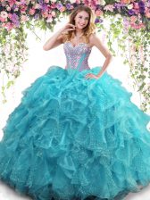 Shining Aqua Blue Ball Gowns Organza Sweetheart Sleeveless Beading and Ruffles Floor Length Lace Up Quinceanera Dresses