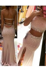 Elegant Scoop Pink Sleeveless Brush Train Beading Evening Dress