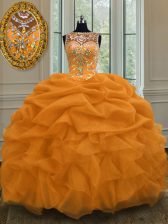 Most Popular Scoop Sleeveless Quinceanera Gown Floor Length Beading and Pick Ups Gold Organza