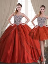  Three Piece With Train Lace Up Sweet 16 Quinceanera Dress Rust Red for Military Ball and Sweet 16 and Quinceanera with Beading Brush Train