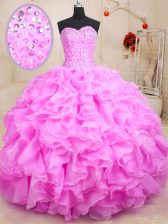 Beauteous Rose Pink Ball Gowns Sweetheart Sleeveless Organza Floor Length Lace Up Beading and Ruffles 15 Quinceanera Dress