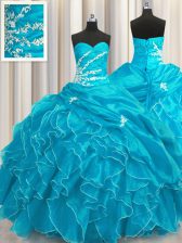 Fine Sleeveless Organza Floor Length Lace Up Vestidos de Quinceanera in Aqua Blue with Beading and Appliques and Ruffles