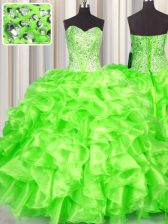 High Quality Sleeveless Organza Floor Length Lace Up Quince Ball Gowns in with Beading and Ruffles