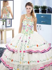  White Ball Gowns Halter Top Sleeveless Organza and Taffeta Floor Length Lace Up Embroidery and Ruffled Layers 15 Quinceanera Dress
