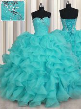  Aqua Blue Ball Gowns Organza Sweetheart Sleeveless Beading and Ruffles Floor Length Lace Up Ball Gown Prom Dress