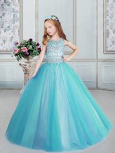  Scoop Floor Length Aqua Blue Little Girl Pageant Dress Tulle Sleeveless Beading