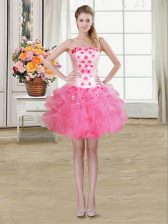Fashion Beading and Appliques and Ruffles Prom Gown Rose Pink Lace Up Sleeveless Mini Length
