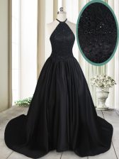 Delicate Satin Halter Top Sleeveless Brush Train Lace Up Beading and Lace in Black