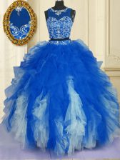  Scoop Sleeveless Zipper Sweet 16 Dress Blue And White Tulle