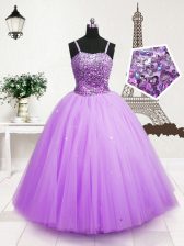 Custom Design Tulle Spaghetti Straps Sleeveless Zipper Beading and Sequins Little Girls Pageant Dress Wholesale in Lavender
