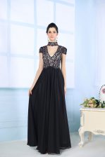 Artistic Black Prom Party Dress Prom and Party with Beading and Lace High-neck Short Sleeves Zipper
