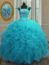  Straps Cap Sleeves Ball Gown Prom Dress Floor Length Beading and Ruffles and Sequins Aqua Blue Organza