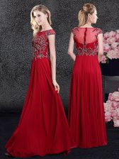  Red Empire Scoop Cap Sleeves Chiffon Floor Length Zipper Appliques Homecoming Dress