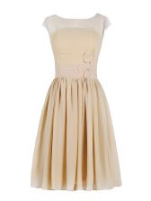  Champagne Column/Sheath Scoop Cap Sleeves Chiffon Knee Length Zipper Appliques and Ruching Prom Dress