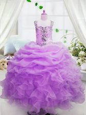 Dazzling Square Sleeveless Little Girl Pageant Dress Floor Length Beading and Ruffles and Pick Ups Rose Pink Organza
