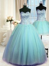 Sumptuous Three Piece Tulle Sweetheart Sleeveless Lace Up Beading Quince Ball Gowns in Blue