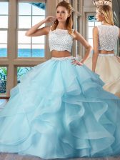  Sleeveless Organza Floor Length Side Zipper Vestidos de Quinceanera in Light Blue with Beading and Ruffles