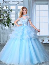  SeeThrough Light Blue A-line High-neck Short Sleeves Organza Floor Length Lace Up Appliques and Ruffled Layers Quince Ball Gowns