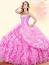  Pick Ups Ball Gowns Quinceanera Dress Rose Pink Sweetheart Organza Sleeveless Floor Length Lace Up