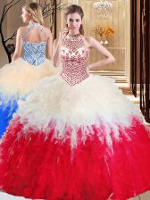Popular White And Red Quinceanera Dress Military Ball and Sweet 16 and Quinceanera with Beading and Ruffles Halter Top Sleeveless Lace Up