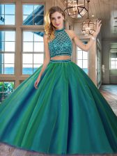  Halter Top Sleeveless Brush Train Beading Backless Sweet 16 Quinceanera Dress