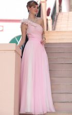 Excellent One Shoulder Floor Length Hot Pink Prom Dresses Chiffon Sleeveless Beading and Hand Made Flower