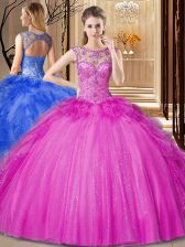  Scoop Beading and Ruffles Quinceanera Dress Hot Pink Lace Up Sleeveless Floor Length