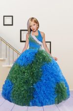 Excellent Halter Top Blue and Dark Green Fabric With Rolling Flowers Lace Up Little Girl Pageant Dress Sleeveless Floor Length Beading and Ruffles
