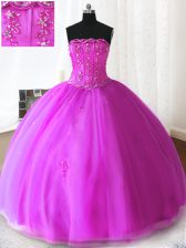 Delicate Tulle Strapless Sleeveless Lace Up Beading and Appliques Sweet 16 Dress in Fuchsia