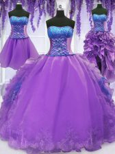 Custom Fit Four Piece Floor Length Lace Up 15th Birthday Dress Lavender for Military Ball and Sweet 16 and Quinceanera with Embroidery and Ruffles