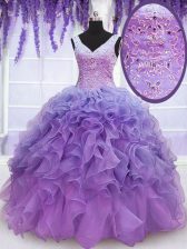 Suitable Organza V-neck Sleeveless Lace Up Beading and Embroidery and Ruffles Sweet 16 Dress in Lavender