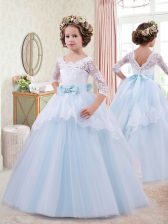  Scoop Floor Length Light Blue Kids Pageant Dress Tulle Half Sleeves Lace and Bowknot