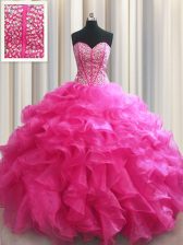  Visible Boning Organza Sleeveless Floor Length 15th Birthday Dress and Beading and Ruffles