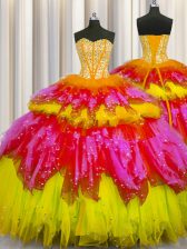  Bling-bling Visible Boning Multi-color Tulle Lace Up Quinceanera Gowns Sleeveless Floor Length Beading and Ruffles and Ruffled Layers and Sequins