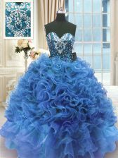 Customized Blue Ball Gowns Beading and Ruffles Sweet 16 Quinceanera Dress Lace Up Organza Sleeveless Floor Length