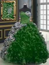 Fine Dark Green Lace Up Sweetheart Beading and Ruffles and Pattern 15th Birthday Dress Organza and Printed Sleeveless Brush Train