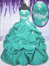 Luxury Floor Length Lace Up Quinceanera Dress Aqua Blue for Military Ball and Sweet 16 and Quinceanera with Appliques and Ruching and Pick Ups