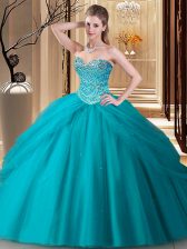 Sexy Floor Length Teal Quince Ball Gowns Tulle Sleeveless Beading