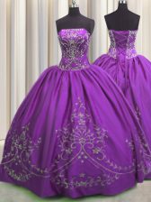 Pretty Sleeveless Floor Length Embroidery Lace Up Quinceanera Dress with Eggplant Purple