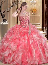 Eye-catching Watermelon Red Sleeveless Organza Lace Up 15th Birthday Dress for Military Ball and Sweet 16 and Quinceanera