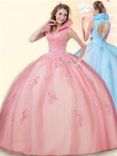 Colorful Pink Tulle Backless High-neck Sleeveless Floor Length 15 Quinceanera Dress Beading and Appliques