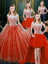  Four Piece Orange Red Ball Gowns Tulle High-neck Sleeveless Beading and Lace Floor Length Zipper Ball Gown Prom Dress