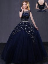 Pretty Floor Length Navy Blue Quinceanera Dresses Scoop Cap Sleeves Lace Up