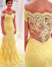  Mermaid Lace Yellow Off The Shoulder Neckline Appliques Short Sleeves Side Zipper