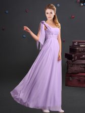 Cheap One Shoulder Floor Length Lavender Quinceanera Court Dresses Chiffon Sleeveless Ruching