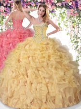  Sleeveless Organza Floor Length Lace Up Quinceanera Gown in Gold with Beading and Ruffles