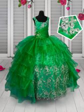 Customized Green Sleeveless Floor Length Appliques and Ruffled Layers Lace Up Little Girls Pageant Gowns