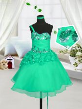 Beautiful One Shoulder Knee Length Turquoise Child Pageant Dress Organza Sleeveless Beading and Hand Made Flower